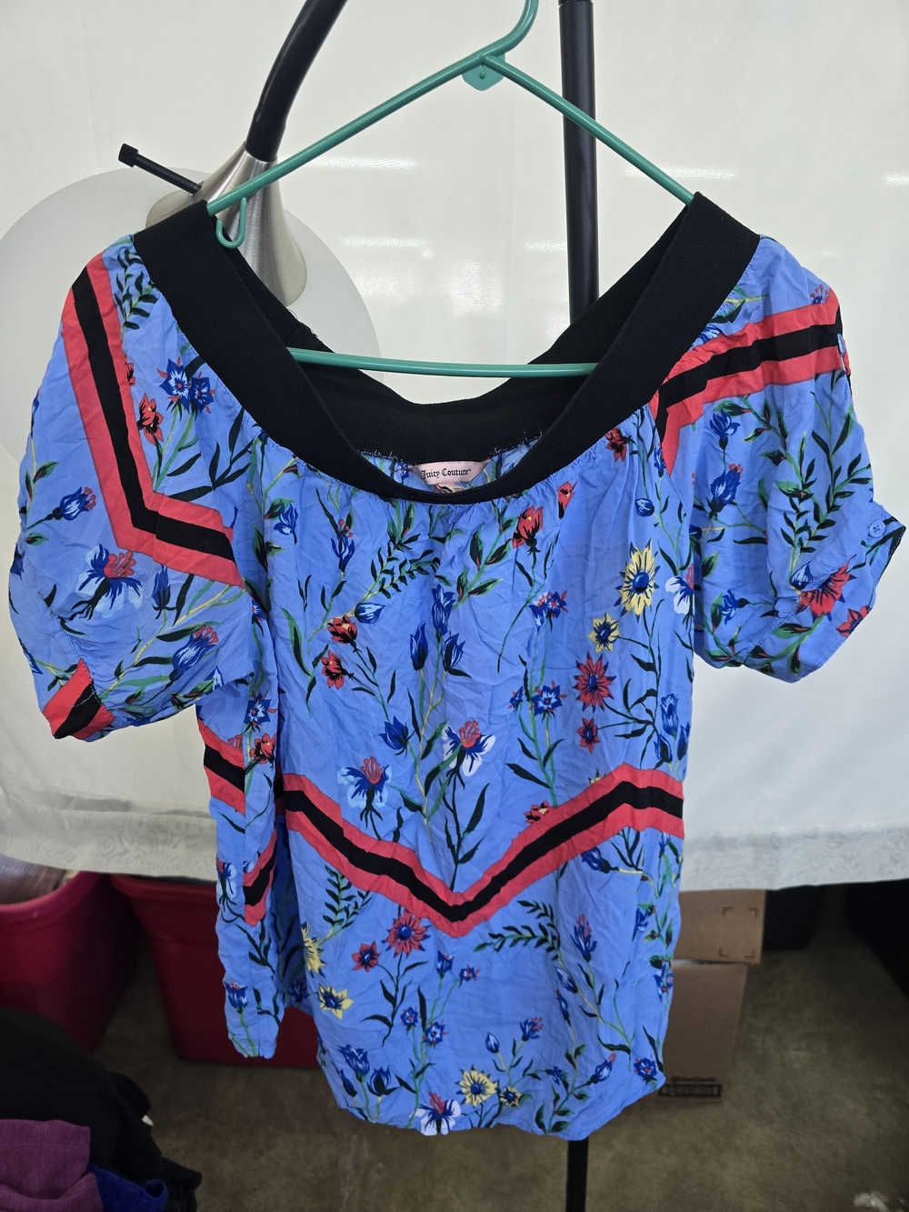 Juicy Couture Blue Floral Off-Shoulder Puff Sleeve Top with Black Trim